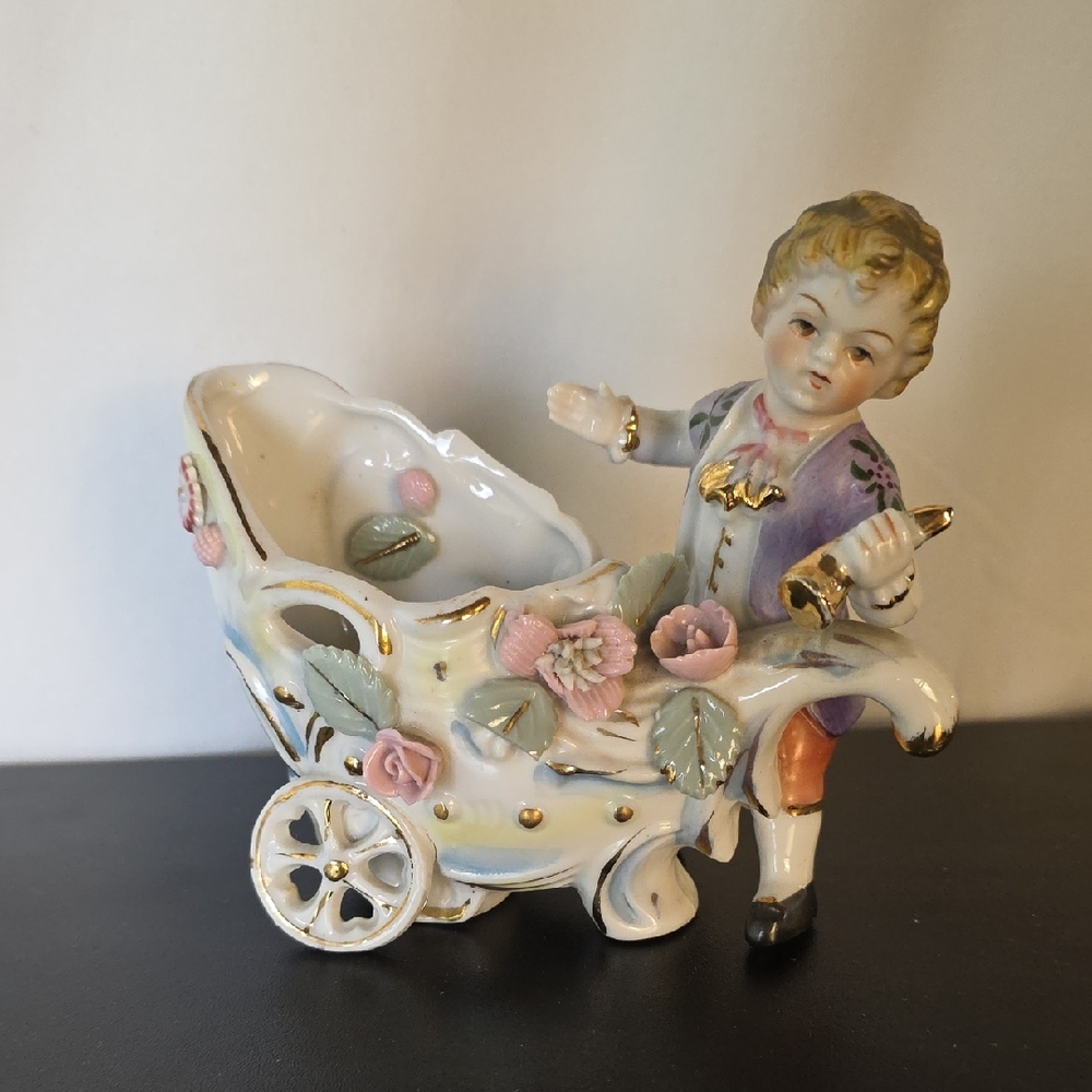Vintage Porcelain Figurine with Floral Accents & Chariot & Gold Tone Trim
